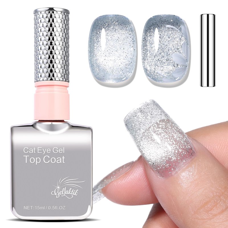 GELLAKTIK 5-in-1 Cat Eye Gel Polish 15ml No Base/Top Coat Needed All-in-One Formula, Beginner-Friendly Magnetic Nail Polish with Magnet Stick, Fast Curing for Home DIY Manicure (Silver)
