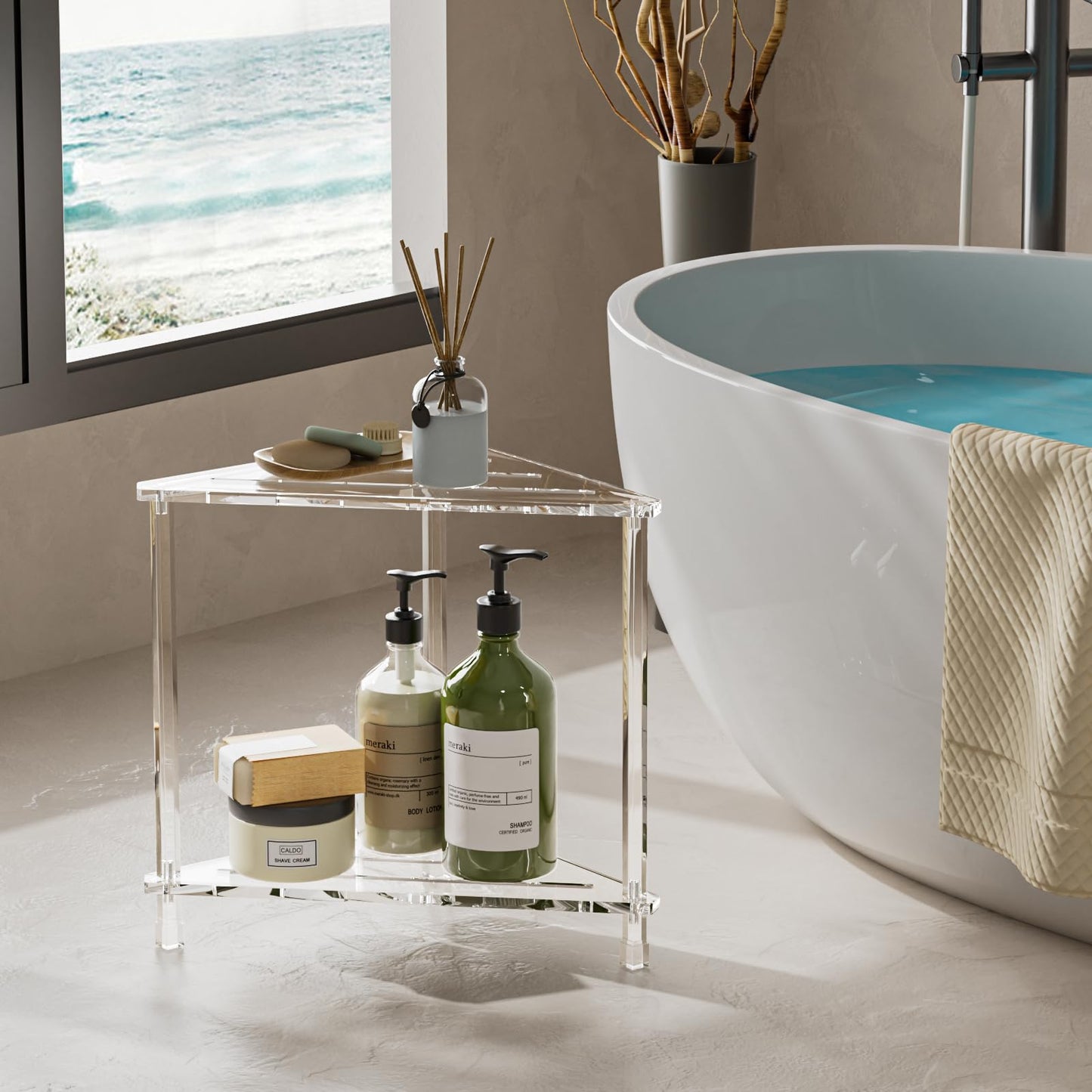 YUNEASELF Corner Shower Stool 16in: Waterproof Small Foot Rest with Anti-Slip Feet for Shaving Legs - Acrylic Corner Shower Bench with Storage Shelf for Inside Spaces
