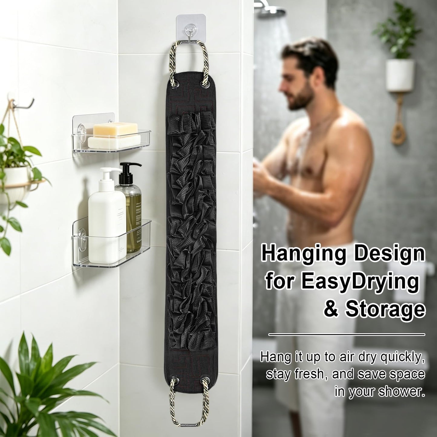 Dual-Sided Back Scrubber for Shower, 2-in-1 Reinforced Exfoliating Washcloth with Handle, Durable Deep Cleansing Body Exfoliator, Back Washer Bath Essentials for Men, Women & Elderly