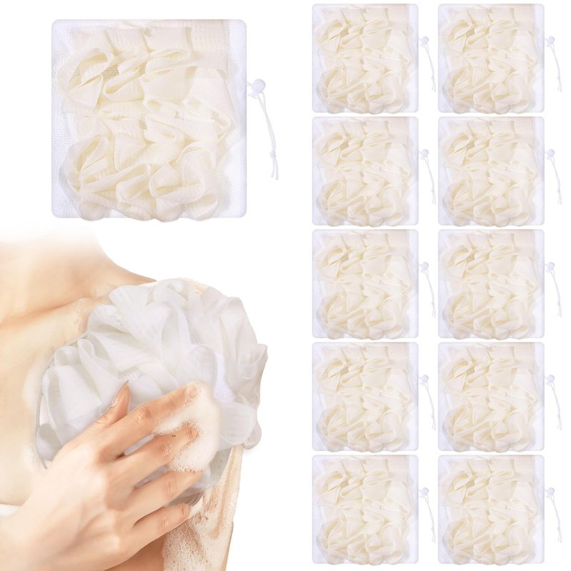 Oqqlin 10 Pack Soap Bar Loofah, 2 in 1 Drawstring Bar Soap Loofah Pouch Exfoliation Mesh Shower Ball for Body Wash and Smooth Skin (Beige, White)