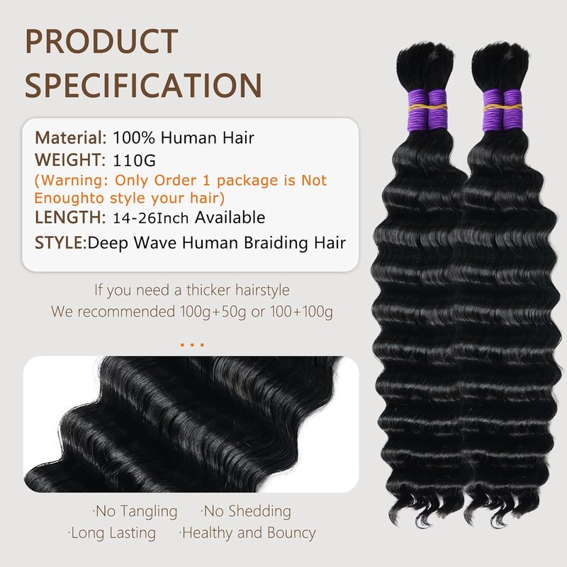 Skiennix Human Braiding Hair - Deep Water Wave Bundles for Boho Braids | 18 Inch, Natural Color, 110g (2 Packs)