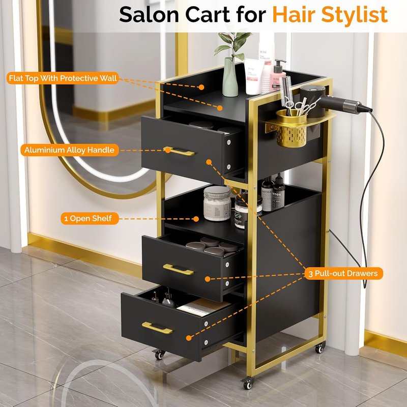 OmySalon Salon Trolley Cart - Mobile Hair Styling Station with 3 Drawers & Tool Holders | Black