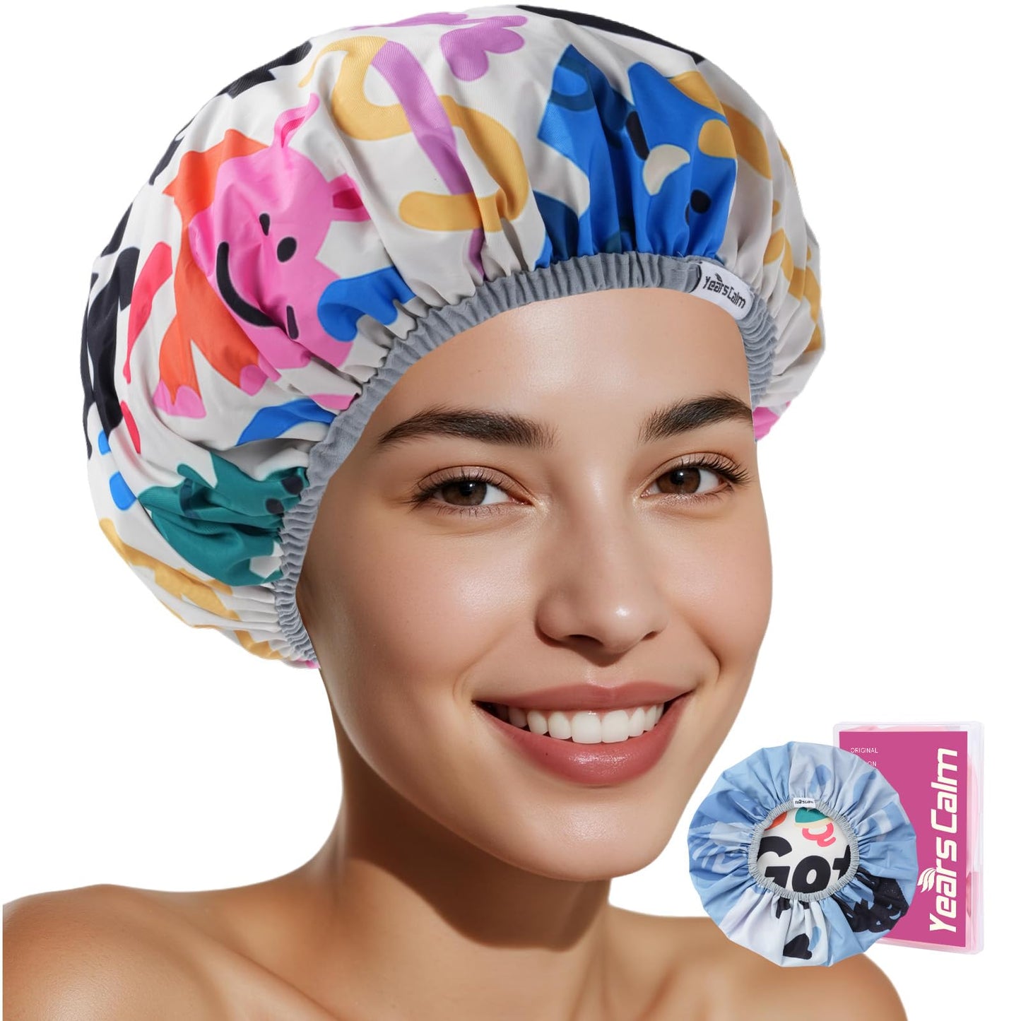 Years Calm Waterproof Shower Cap for Women - Double Sided Design for Long Thick Hair, Secure Fit & Flexible Elastic Band, Reusable Bath Cap for Shower, Spa, Travel (Mood Switch 2)