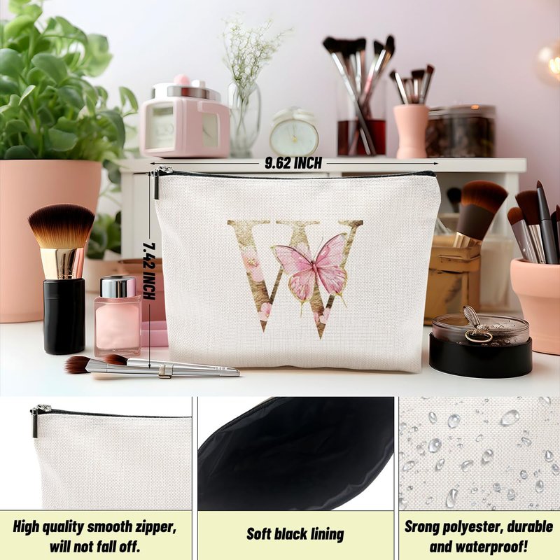 Initial Makeup Bag Pink Butterfly W Personalized Cosmetic Bag Monogrammed Gifts for Women Girls Mama Bridesmaid Monogram Zipper Pouch for Friendship Mothers Day Birthday Wedding Bridal Shower Gifts