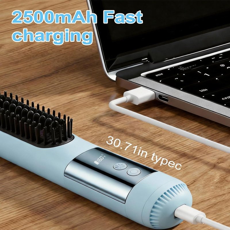 Go Brush Pro Hair Straightener Brush - Portable Cordless Design with LED Display & Cool Air Setting | Travel-Friendly Blue