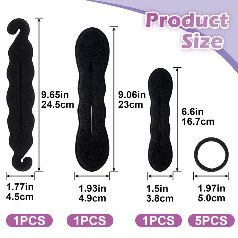 Lekgavd 3 PCS Hair Bun Maker, 3 Styles Sponge Hair Updo Shaper, 5PCS Elastic Hair Ties, Classic Hairstyle Accessories for Long, Curly, Straight Hair for Women -Black