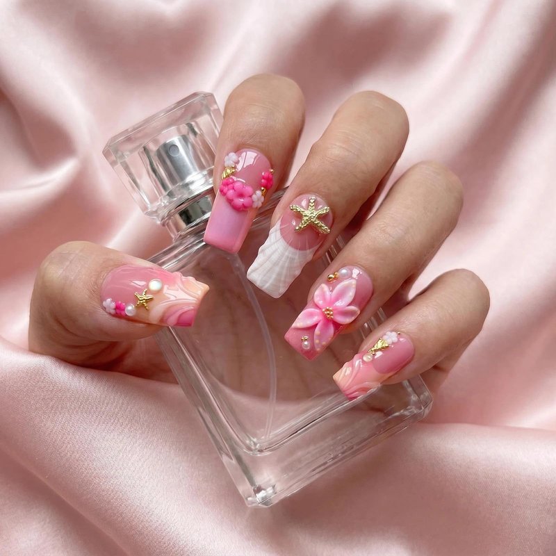 Press On Nails Medium Square Handmade 3D Flower Starfish Shell Pink French Tip Full Cover False Nails Stick on Nail for Women Beach Vacation Daily, 10Pcs (M)