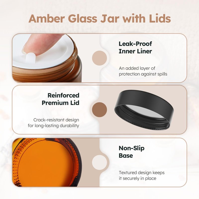 4 oz Glass Jars with Lids, 24 Pack Amber Small Glass Jars with Black Lids Leakproof Round Airtight Empty Cosmetic Travel Containers with Inner Liners For Lotions Powders and Candle Making