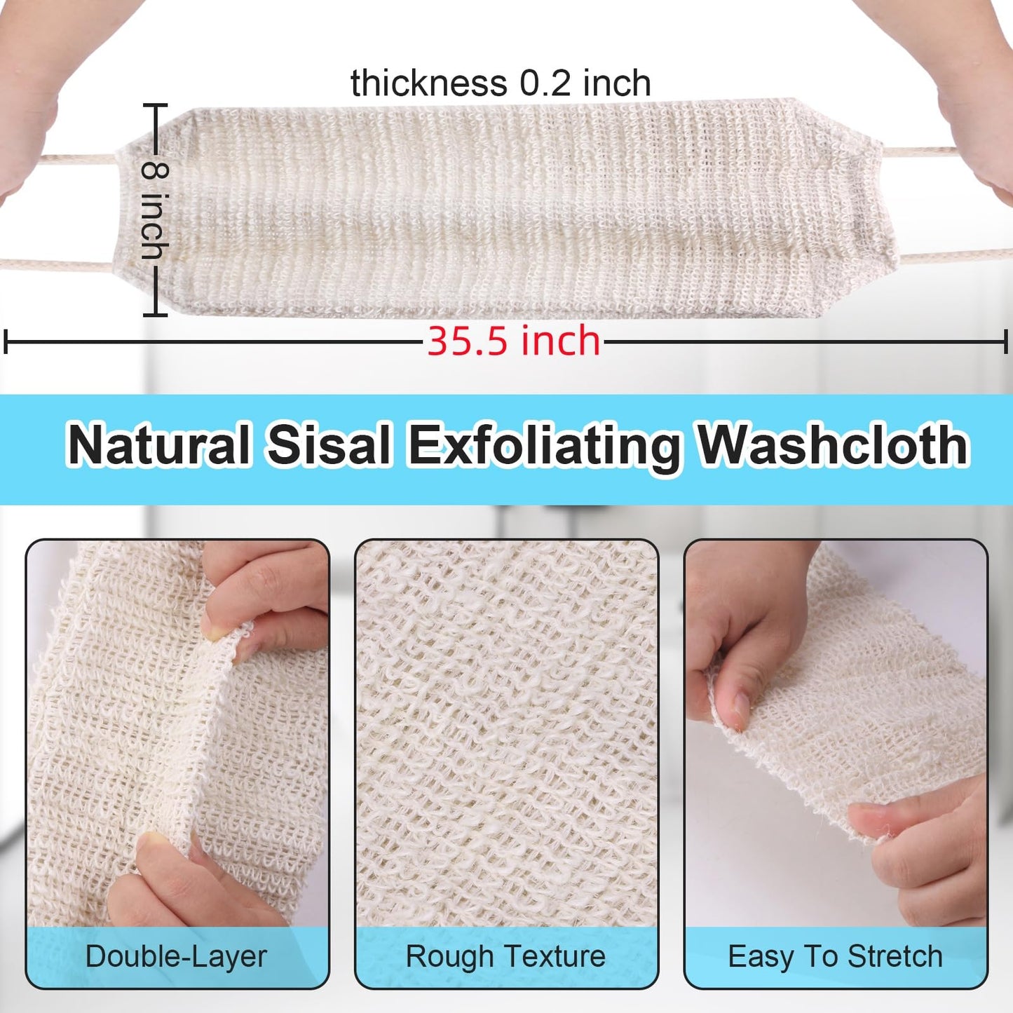 35.5" Long Exfoliating Washcloth Shower Loofah with Handle for Women, Natural Body Scrubber Back Cleaner for Shower, Double Layer Extra Rough Bath Scrubber for Body