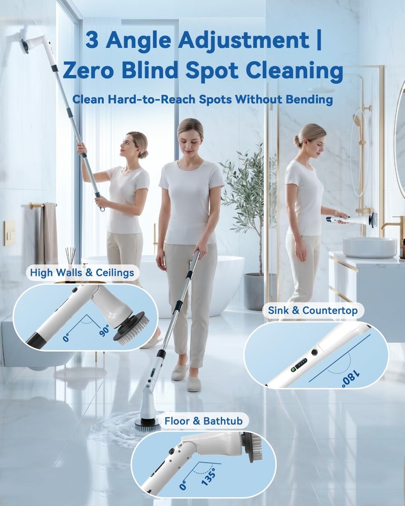 Electric Spin Scrubber, Hillyfe Bathroom Scrubber Electric with 7 Replaceable Brush Heads, IPX7 Waterproof,300/400 RPM, 3 Adjustable Length,Scrubber Brush Electric for Bathtub Floor,White