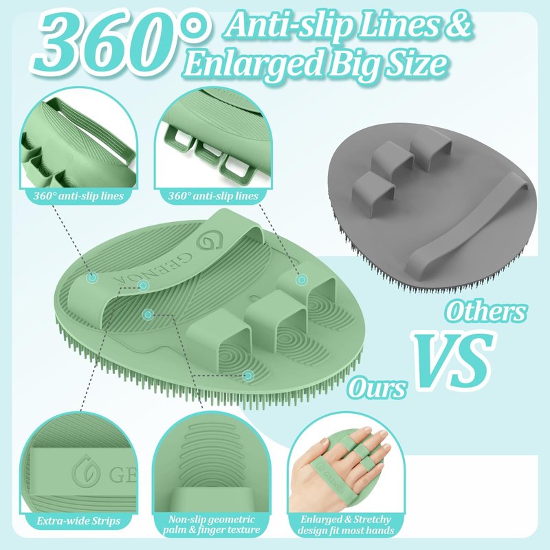 GEENOA Silicone Back Scrubber & Soft Bath Glove 2PCS, 16''- 24'' Extendable Shower Scrubber with Dual-Side Head, 360° Anti-Slip & Hand-fit Silicone Body Scrubber for Rich Foaming Deep Cleaning(Green)