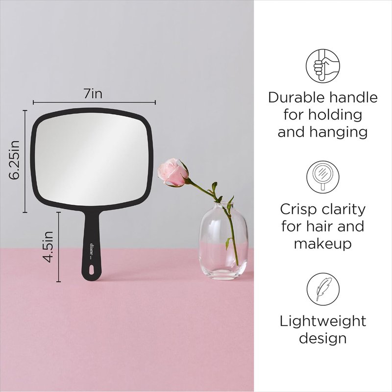 Diane Professional Hand Mirror - Premium Single-Sided Vanity Mirror for Makeup & Shaving | Medium 7.5" x 10.75" in Black