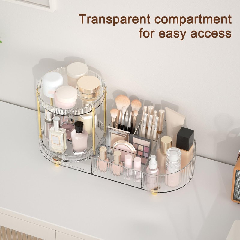 Makeup Organizer Countertop for Vanity, Rotating Perfume Tray with 5-compartment Cosmetic and Skincare Organizers, Multi-Purpose Desk Storage Makeup Brush Holder for Bathroom Bedroom Counter