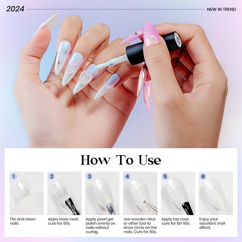 MIZHSE Pearl Gel Nail Polish, 6 Colors Iridescent Mermaid Gel Polish Set, Drawing Nail Gel Shell Thread Effect Shimmer White Pink Purple Soak Off Nail Art Manicure Home Gift for Wome