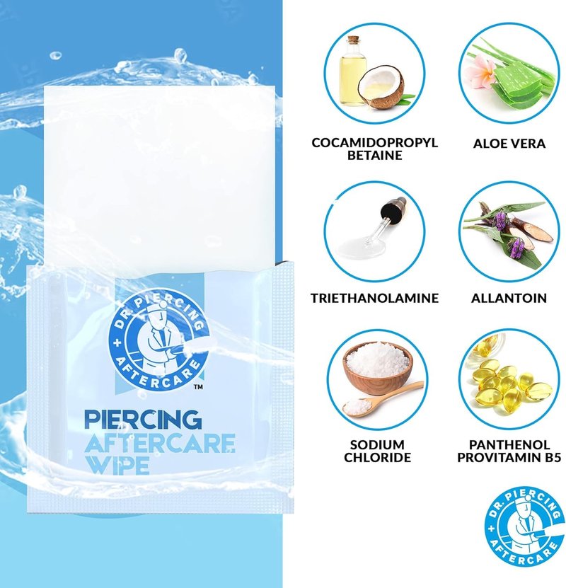 Dr. Piercing Aftercare Wipes – Piercing Aftercare | Saline Solution for Piercings - Keloid Bump Ear Piercing Cleaner – Ears Lips Belly Nose Piercing Bump - Piercing Hole Cleaner (50 Count)