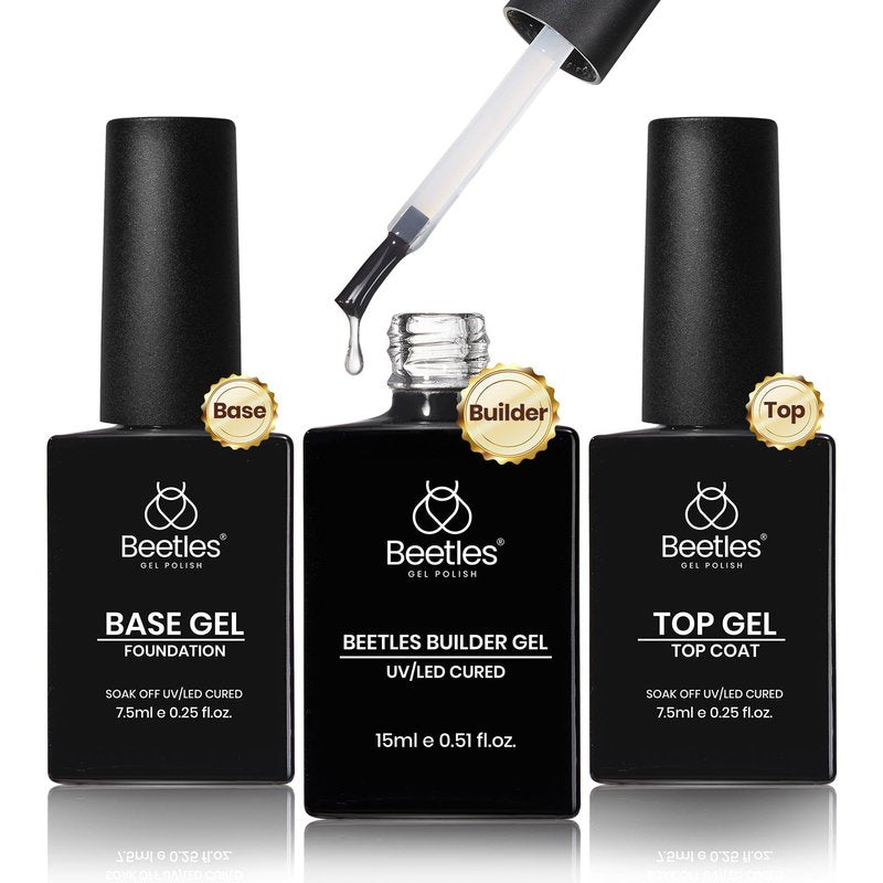 Beetles Builder Gel with Base & Top Coat Gel,3 Pcs Clear Builder Nail Gel,for Nail Strengthening Building Apex Extension for Beginner DIY Salon at Home Gifts for Women,UV & LED Lamp Needed