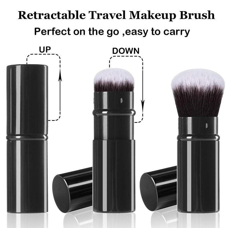 Keriloo Retractable Kabuki Makeup Brush, 2 Pack Travel Angled Powder Foundation Blush Brush Set for Blending Liquid, Bronzer, Buffing, Concealer, Blush, Highlighter, Flawless Cosmetics