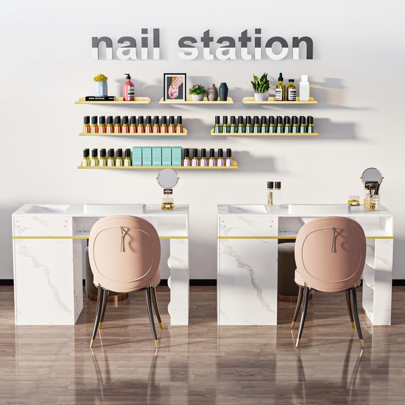 ELEVACHIC Manicure Table Nail Desk w/Electric Dust Collector, Glass Top Versatile Manicure Station for Nail Tech, Includes Wrist Cushion, Storage Cabinet & Drawers, Shelves, for Salon & Home, White