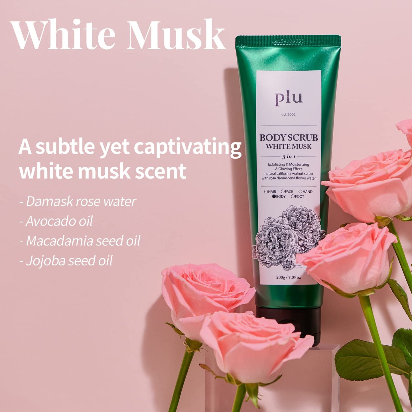PLU Original Korean Walnut Body Scrub Polish - White Musk - Exfoliating & Hydrating Glow for Smooth, Radiant Skin Texture - Soft Musk Scent, 7.05 oz.