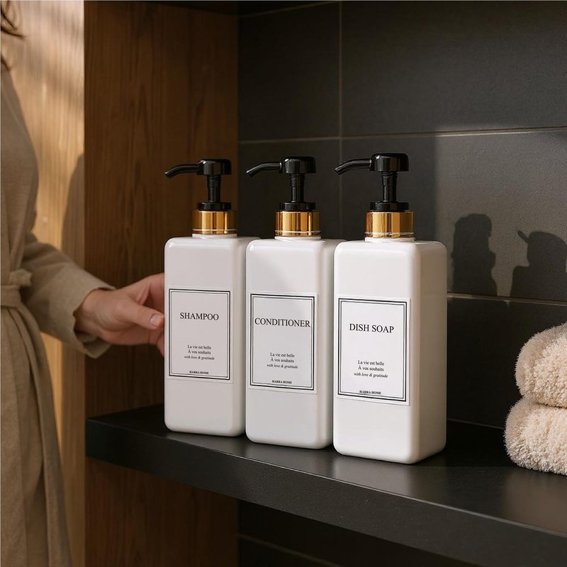 Shampoo and Conditioner Dispenser - Modern Gold Design Large 27oz Shower Soap Dispenser Set of 3, Refillable Empty Plastic Pump Bottles for Bathroom, 6 Waterproof Labels Included, Black
