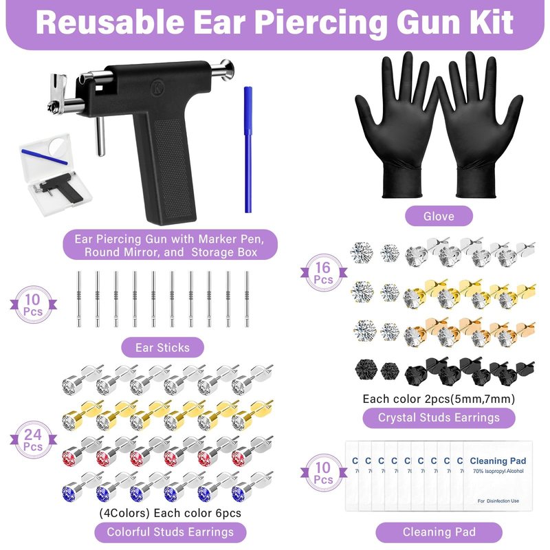 Professional Ear Piercing Gun, Reusable Ear Piercing Machine with Colorful Crystal Earrings Set for At Home Salon Earlobe Cartilage Helix Tragus Piercing Tool Kit