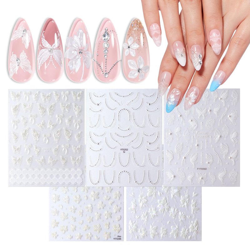 Modelones Nail Stickers, 3D Embossed Lace Pearls Nails Supplies Butterfly Nail Art Design for Summer Holiday Manicure DIY Nail for Women & Kids 5Pcs