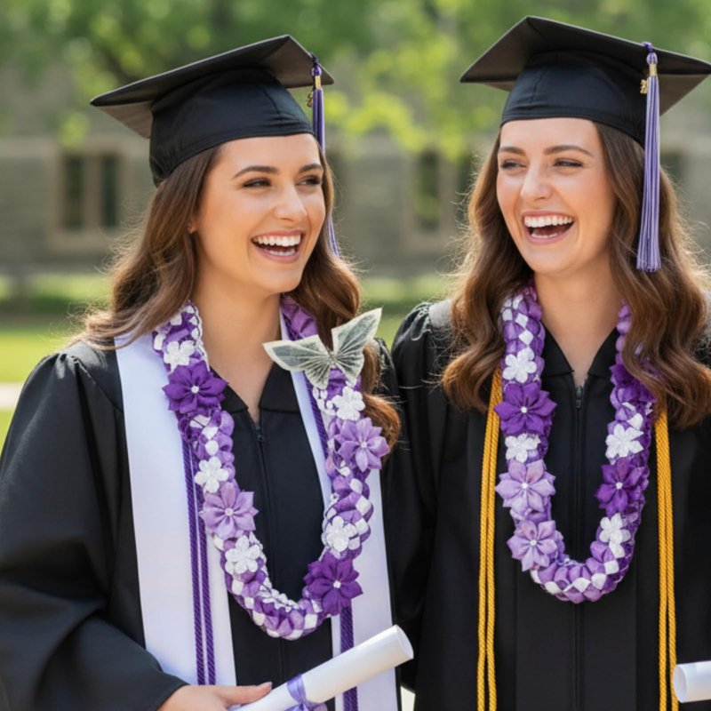 Lyrow 50" Graduation Lei 2026 Double Braided Graduation Ribbon Money Lei with 4 Satin Flower Handmade Grad Necklace Class of 2026 Grad Gift Accessories for Men Women(Purple)