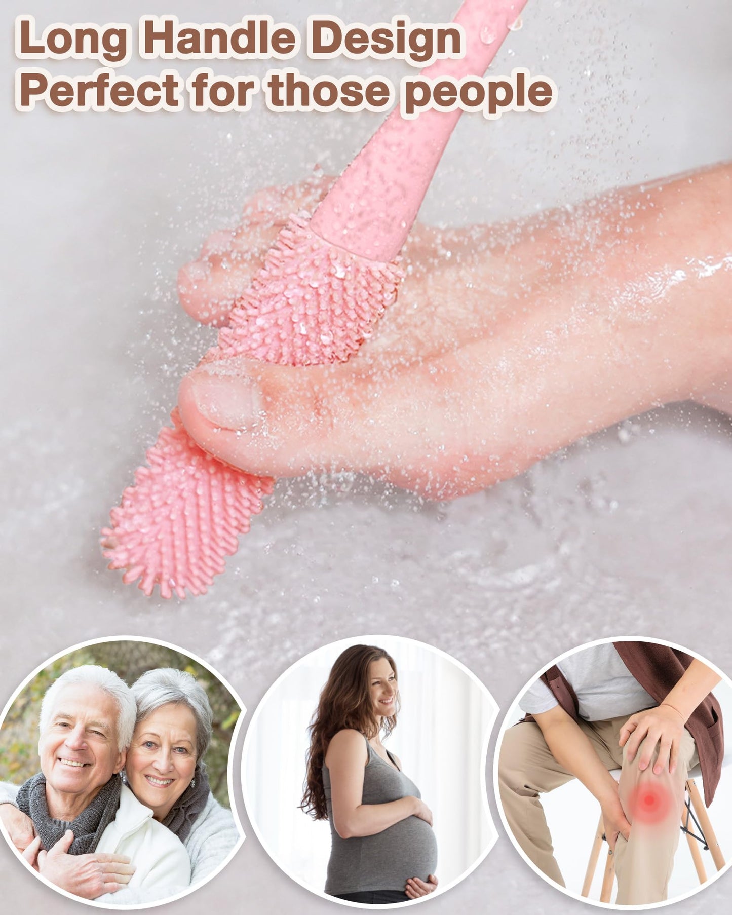 Demarzily Toe Cleaning Brush,Foot Scrubber for Shower with 15.7" Long Handle Soft Silicone Cleaning Shower Brush Foot Care for Seniors,Elderly, Men and Women (Grey+Pink)
