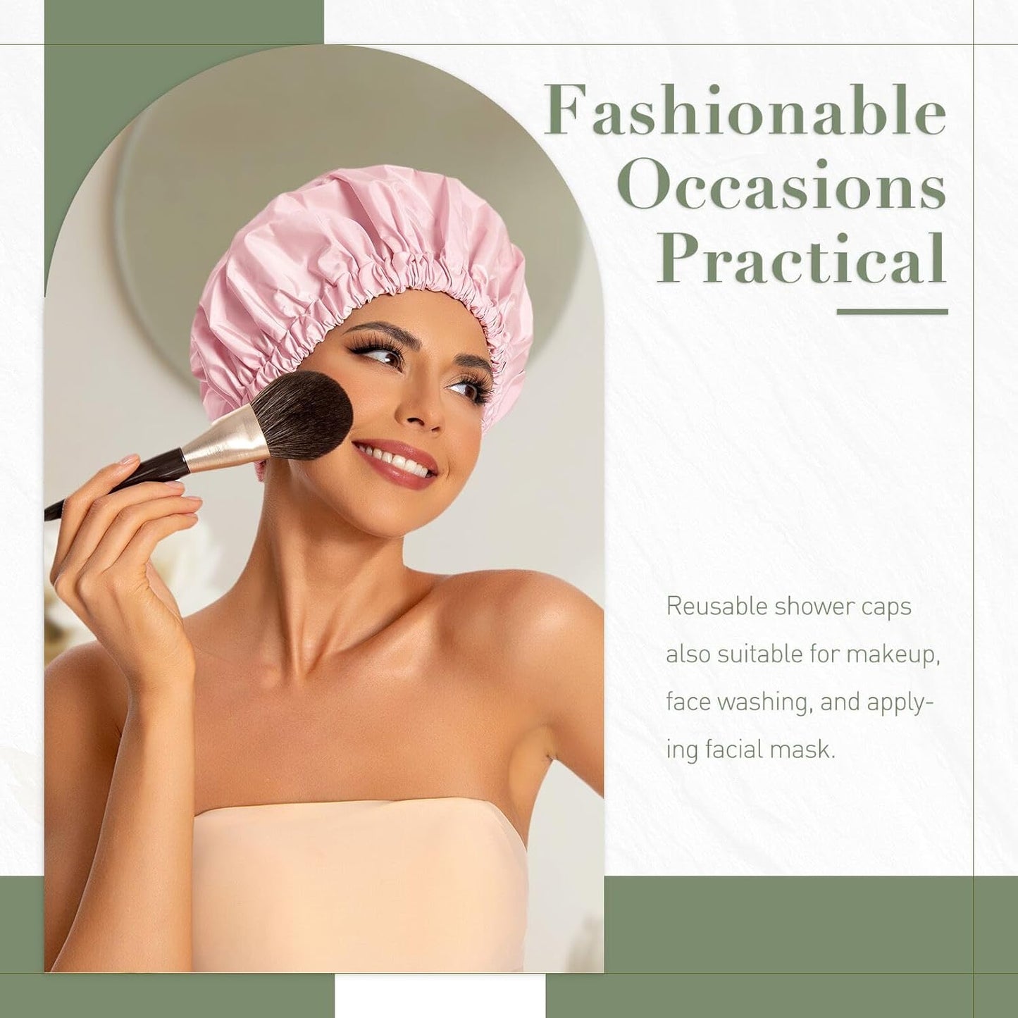 Skiennix Reusable Shower Cap - Large Waterproof Hair Bonnet with Elastic Band for Long, Curly Hair | Pink & Beige