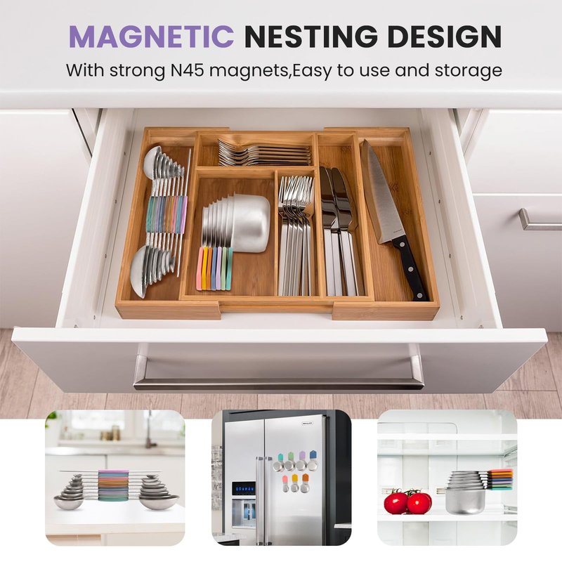 Magnetic Measuring Cups and Spoons Set-Heavy Duty 304 Stainless Steel，Double Measurement Markings，Set of 16 with Leveler for Measure Dry and Liquid Ingredients