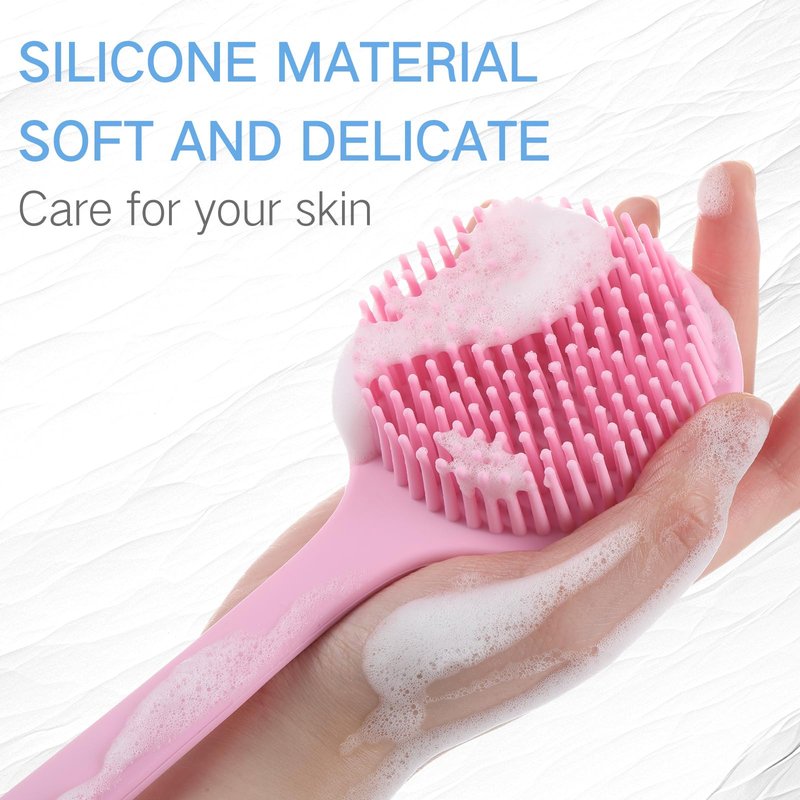 Sunnyray 2 Pack Silicone Back Scrubber for Shower with 15" Long Handle Double-Sided Bath Body Brush for Exfoliating Easy to Clean Quick Dry Deep Cleaning Lathers Well(Pink,Nordic Blue)