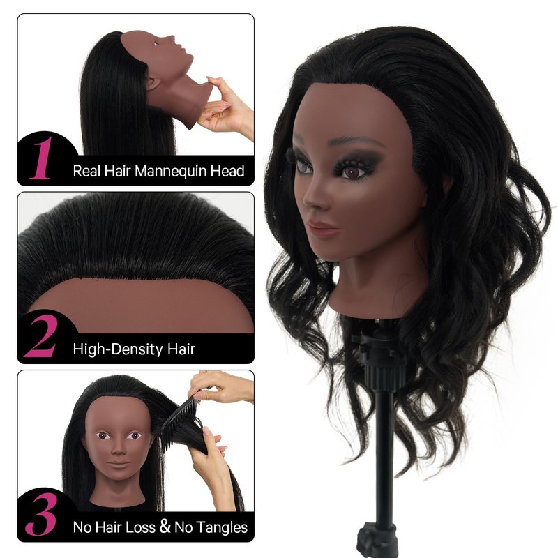 18" Mannequin Head Human Hair with Stand - 100% Real Hair Mannequin Head for Makeup Practice, Cosmetology Manikin Doll Head for Hair Styling, Hairdressing Training Head for Braiding with Tripod,Black