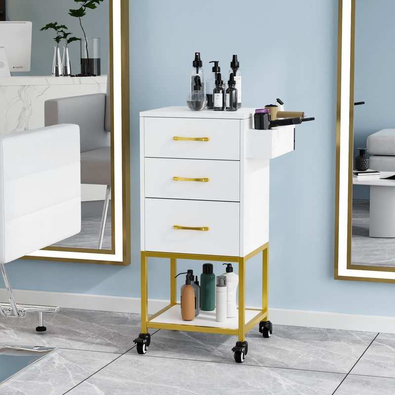 OmySalon Salon Storage Trolley Cart, White Gold Salon Station for Stylist, Beauty Wooden Hair Cabinet with Dryer Holder & Drawer, Hairdressing Tools Organizer Equipment for Spa Barbershop
