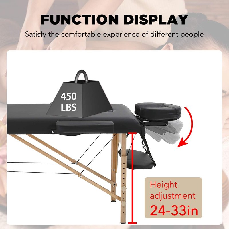 Sentiment Portable Massage Table Spa Bed Height Adjustable 73 Inches Long 28 Inches Wide 2 Folding Massage Bed Portable Massage Table with Carrying Case (Black)