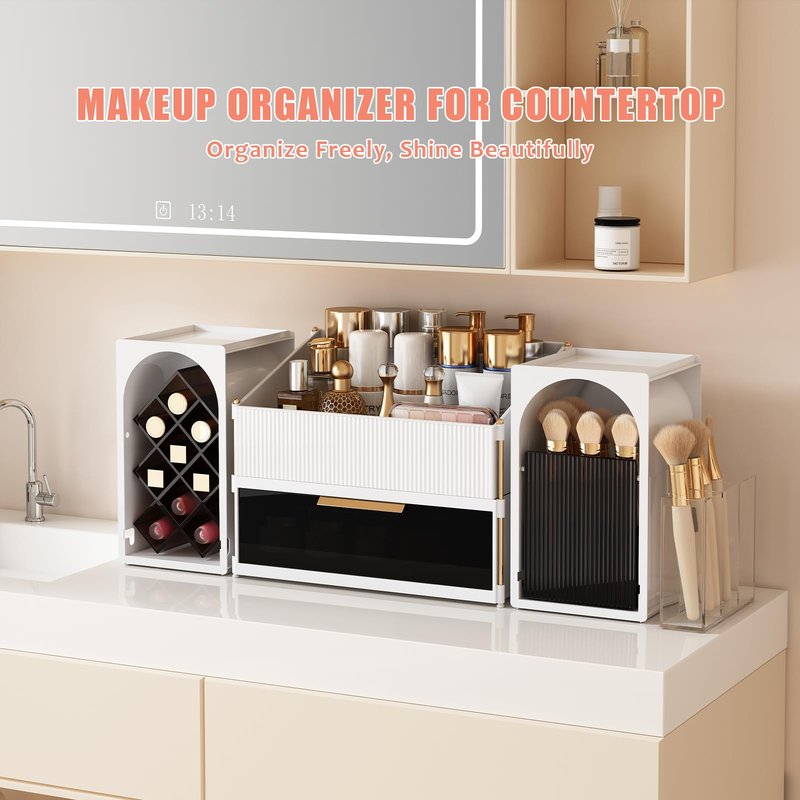 DINMPB Large Makeup Organizer for Vanity with Brush Holder and Lipstick Display Stand, Countertop Cosmetic Storage with Drawer for Skincare, Nail Polish, Perfume and Eyeshadow Palettes