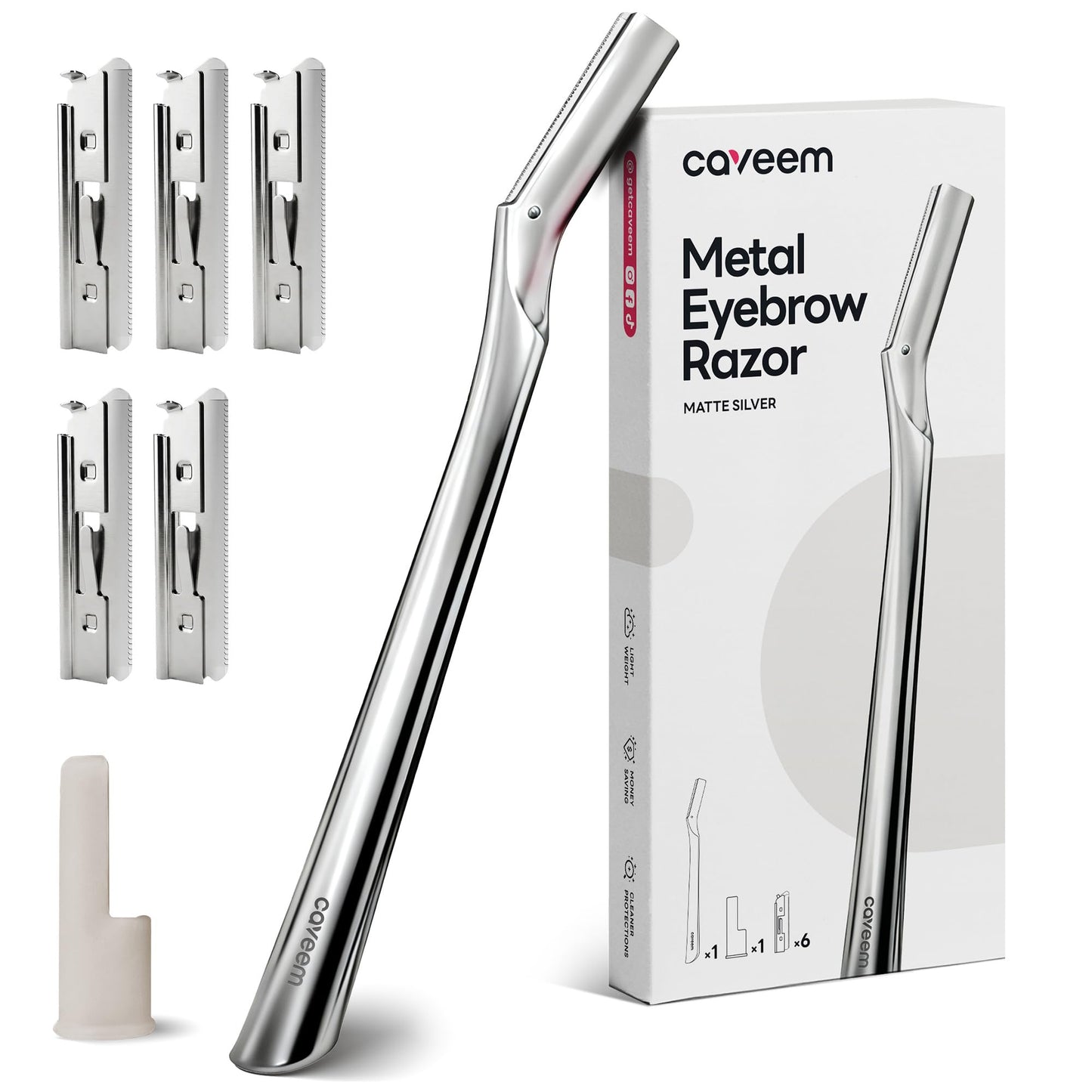 CAVEEM Eyebrow Razor, Face Razors for Women & Men, Dermaplane Razor for Face Exfoliation, Peach Fuzz Removal with 6 Blades (Matte Silver)