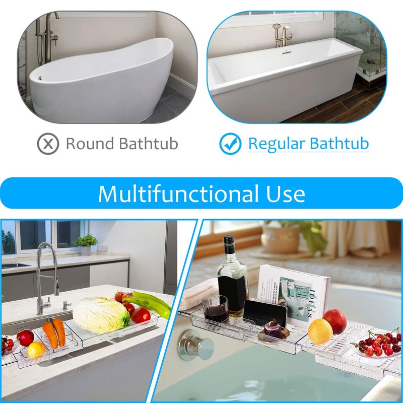 ASSTYSXH Expandable Bathtub Tray for Tub, Clear Acrylic Bath Caddy with Anti-Slip Design, Waterproof Bathroom Storage, Bath Organizer for Women, Fits Most Tubs up to 31.7" Ideal for Women and Adults