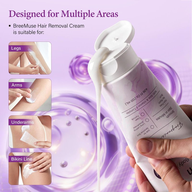 BreeMuse Hair Removal Cream for Women, Painless Depilatory Cream for Legs, Bikini Line & Underarms, Fast 5-10 Minute Body Hair Remover for Sensitive Skin with Moisturizing & Smoothing Formula