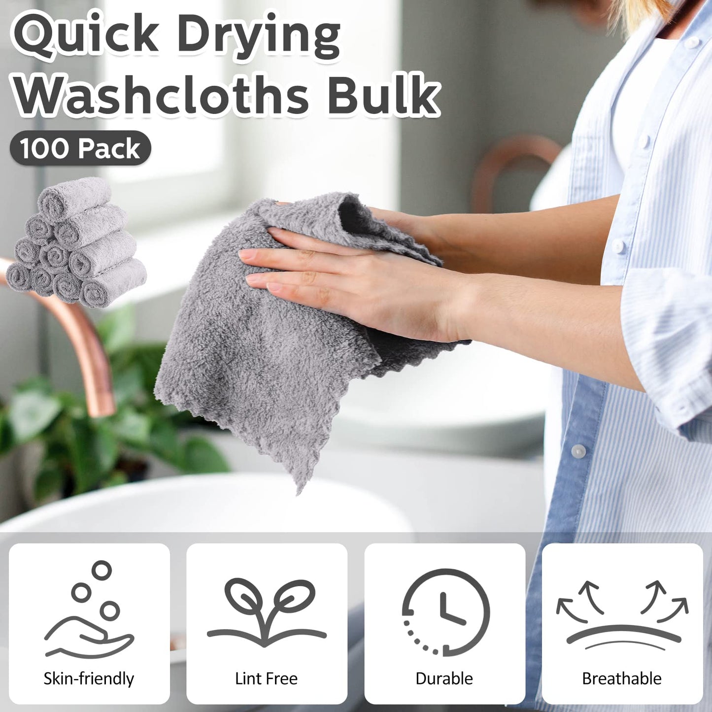 Newwiee 100 Pack Washcloths Bulk, Ultra Soft Wash Cloths 12 x 12 Inch Quick Dry Absorbent Microfiber Face Towel,Reusable Facial Fingertip Cloth for Spa Baby Shower & Craft(Grey)
