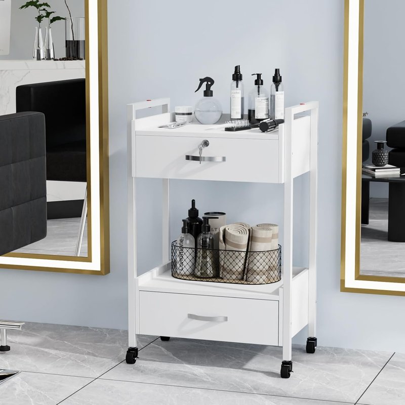 Salon Trolley Cart with Wheels - Mobile Esthetician Storage Organizer with 2 Drawers & 2 Trays | White