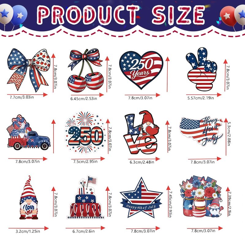 PODUOJIEYI 12 Pcs 4th of July Wooden Ornaments, 250th Anniversary Patriotic Hanging Ornaments, American Flag Themed DIY Back Decorations for Independence Day Tree Wreath Party Supplies