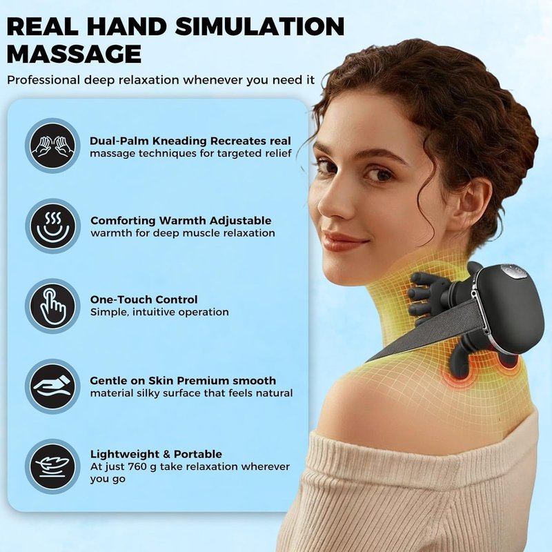4D Bionic Heated Neck Massager - Real Palm Massage Simulation, 3 Intensity Levels | Relax Muscle Tension
