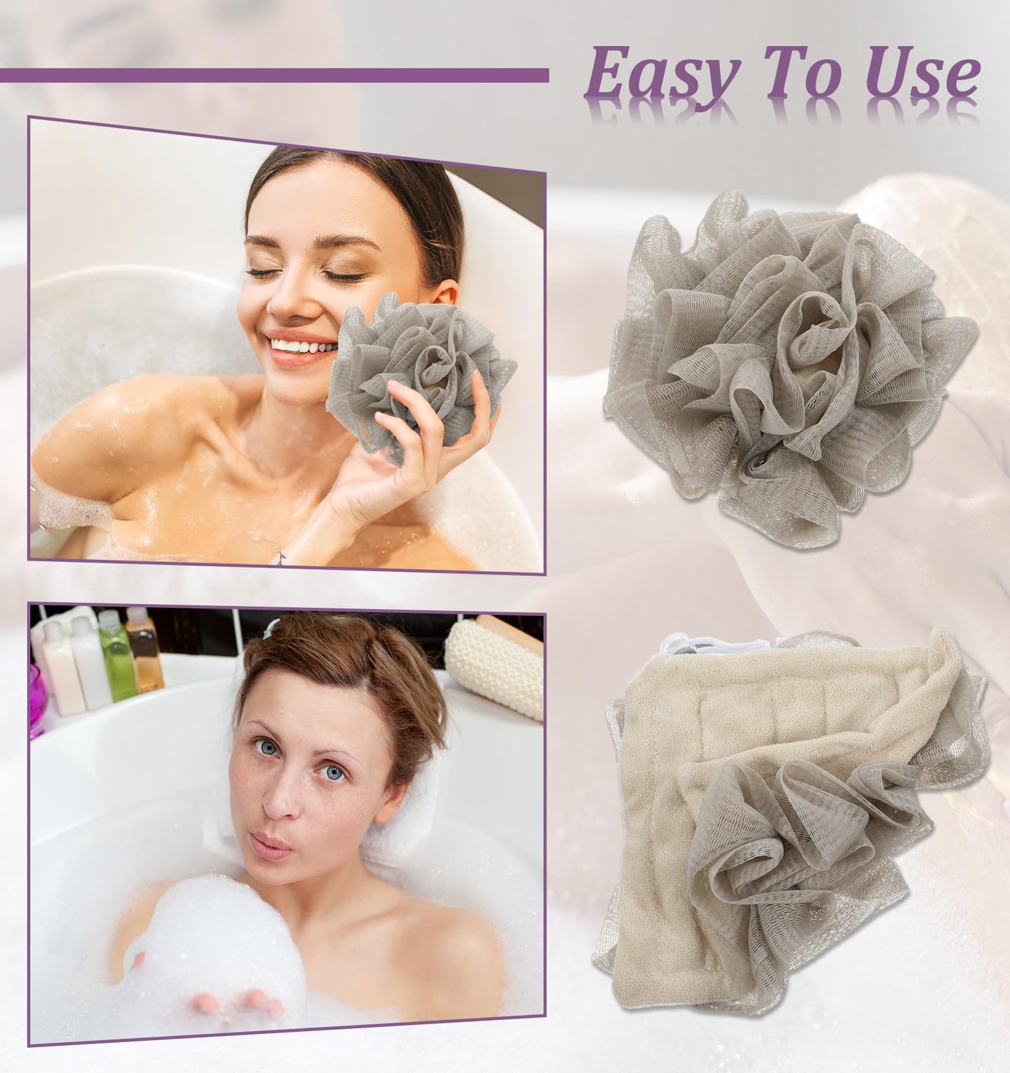 3 PCS Loofah Washcloth Combo 2-in-1, Soap Bar Loofah Exfoliating Shower Pouf with Bar Soap Pocket Body Scrubber Exfoliating Loofa for Women & Men Bath Accessories Cleaning Tool (Green Purple Khaki)