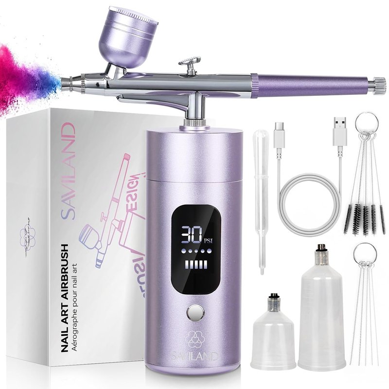 SAVILAND Airbrush Kit for Nails: 30 PSI LCD Display Airbrush Kit with Compressor Rechargeable Nail Airbrush Machine with 0.3mm Nozzle Cordless Portable Air Brush Painting Set for Nail Art