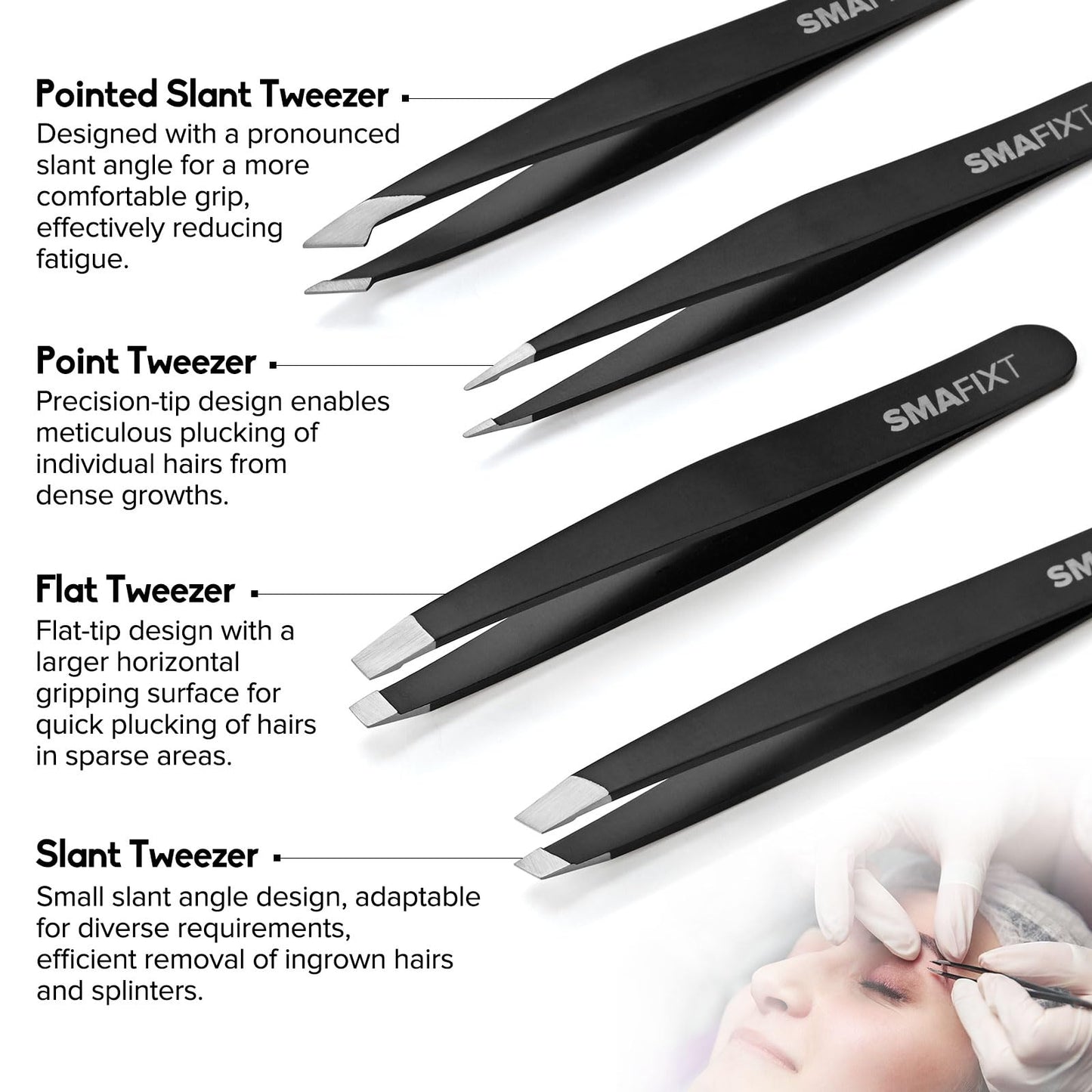 Smafixt Tweezers Set for Women and Men, Precision Stainless Steel Eyebrow & Facial Hair Tweezers for Ingrown Hair and Splinter Removal, with Travel Case