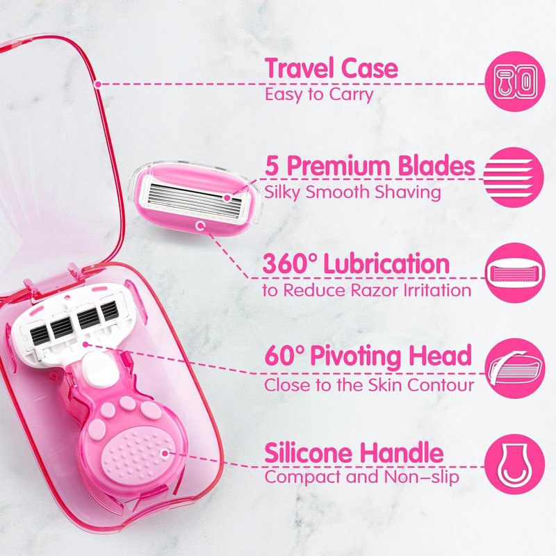 DreamGenius Travel Razor for Women - Extra Smooth 5-Blade Shaving Kit with Case | Pink, Compact Size