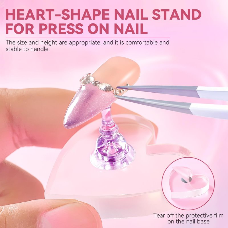 ESUOHYM Nail Stand For Press On Acrylic Strong Magnetic Nail Holder Kit For Painting Nails Tip Arts Display With 200PCS Double-Sided Tape And 1 Heart Shaped Acrylic Magnetic Presson Stand (Clear And Purple, Medium)