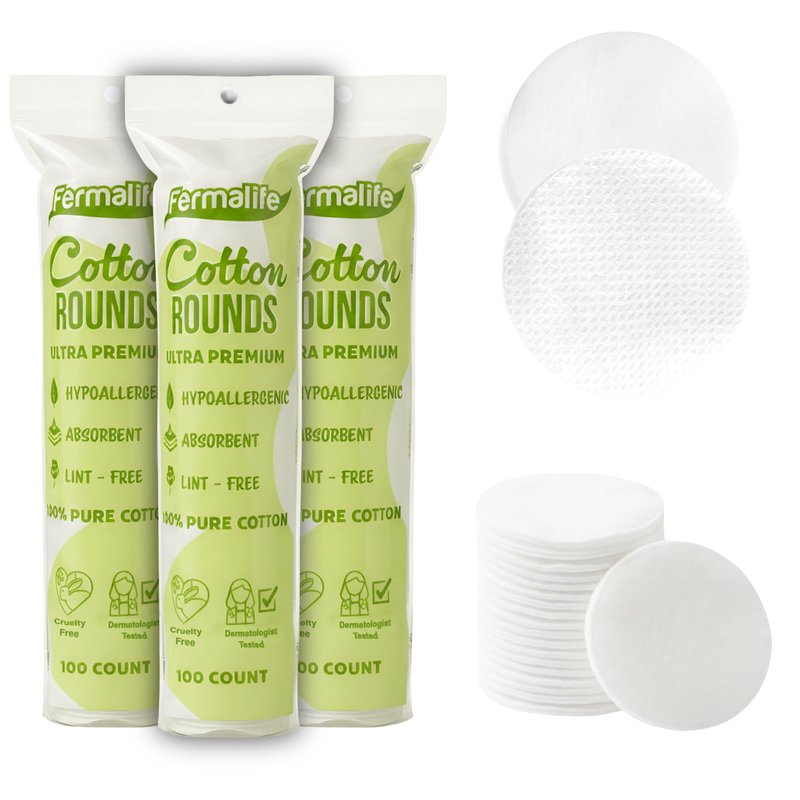 FERMALIFE Premium 100% Pure Cotton Rounds Dual Sided Exfoliating & Ultra Soft Pads for Face, Toner, Makeup, Nails, Facial, Skincare & Baby Care, Lint Free, Hypoallergenic (300ct (3 Bags))