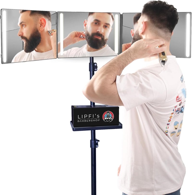 **Lipfis Barbershop 360° Mirror - Tripod Self Hair Cutting Tool with LED Lights & USB-C Charging**
