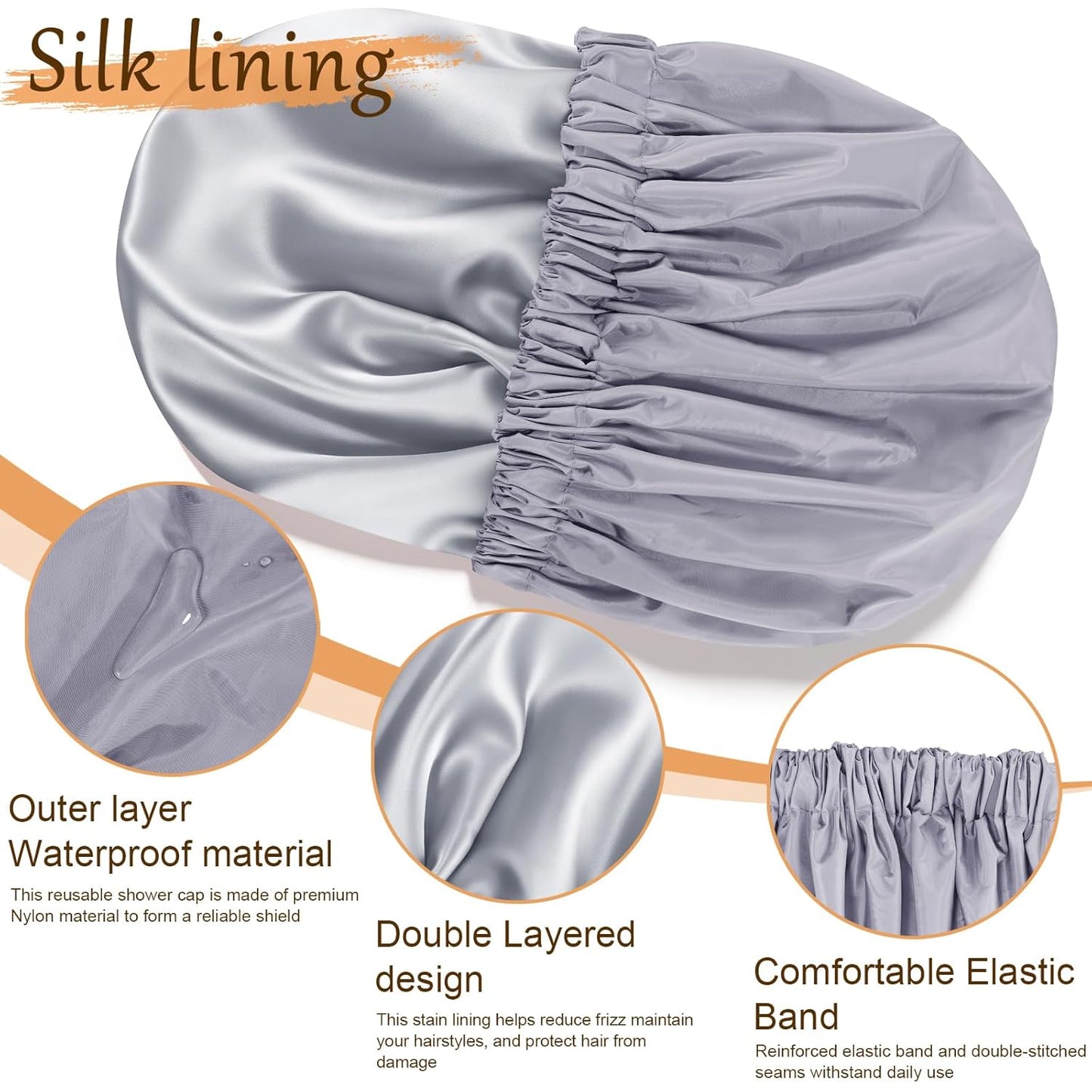 Skiennix Reusable Waterproof Shower Cap - Satin Lined with Soft Elastic Band | Large Grey Bath Cap